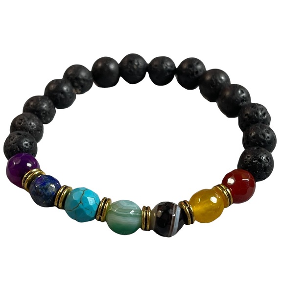 7 chakras faceted beads & round black lava stone beaded stretchy bracelet NEW - Picture 4 of 9